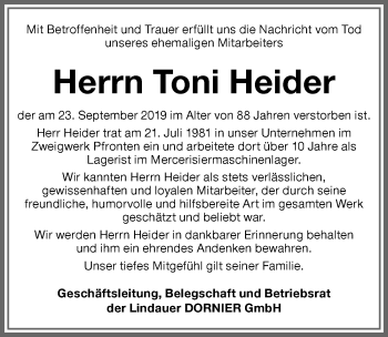 Traueranzeige von Toni Heider von Allgäuer Zeitung, Füssen