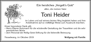 Traueranzeige von Toni Heider von Allgäuer Zeitung, Füssen