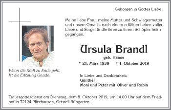 Traueranzeige von Ursula Brandl von Allgäuer Zeitung,Kempten