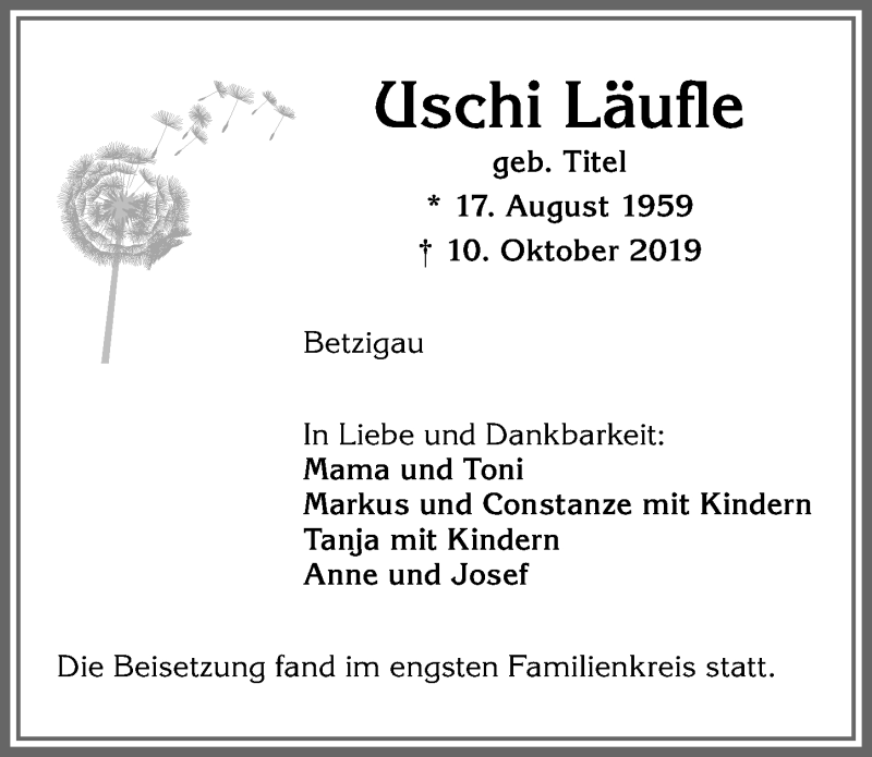  Traueranzeige für Uschi Läufle vom 19.10.2019 aus Allgäuer Zeitung,Kempten
