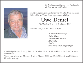 Traueranzeige von Uwe Dentel von Der Westallgäuer