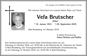 Traueranzeige von Vefa Brutscher von Allgäuer Anzeigeblatt