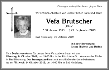 Traueranzeige von Vefa Brutscher von Allgäuer Anzeigeblatt