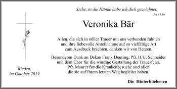 Traueranzeige von Veronika Bär von Allgäuer Zeitung, Füssen