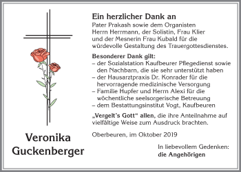 Traueranzeige von Veronika Guckenberger von Allgäuer Zeitung, Kaufbeuren/Buchloe