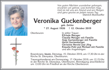 Traueranzeige von Veronika Guckenberger von Allgäuer Zeitung, Kaufbeuren/Buchloe
