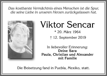 Traueranzeige von Viktor Sencar von Allgäuer Zeitung, Füssen
