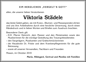 Traueranzeige von Viktoria Städele von Allgäuer Anzeigeblatt