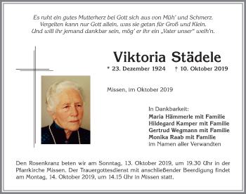 Traueranzeige von Viktoria Städele von Allgäuer Anzeigeblatt