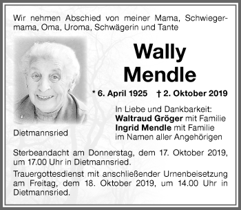 Traueranzeige von Wally Mendle von Memminger Zeitung