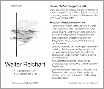Traueranzeige von Walter Reichart von Der Westallgäuer