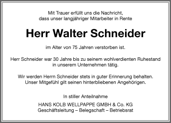 Traueranzeige von Walter Schneider von Memminger Zeitung
