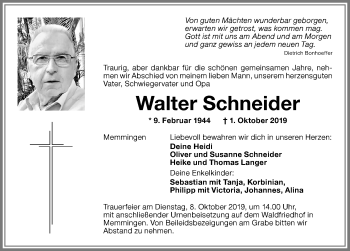 Traueranzeige von Walter Schneider von Memminger Zeitung