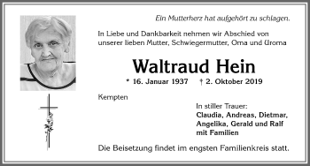Traueranzeige von Waltraud Hein von Allgäuer Zeitung,Kempten