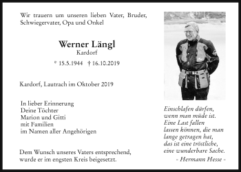 Traueranzeige von Werner Längl von Memminger Zeitung