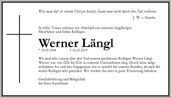 Traueranzeige von Werner Längl von Memminger Zeitung