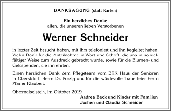 Traueranzeige von Werner Schneider von Allgäuer Anzeigeblatt
