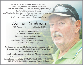 Traueranzeige von Werner Siebeck von Allgäuer Zeitung, Füssen