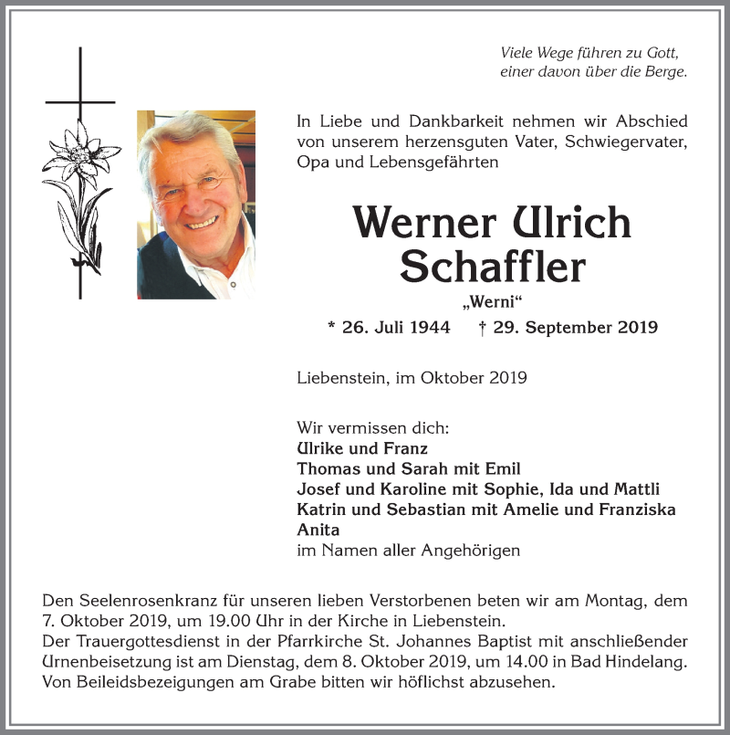  Traueranzeige für Werner Ulrich vom 05.10.2019 aus Allgäuer Anzeigeblatt