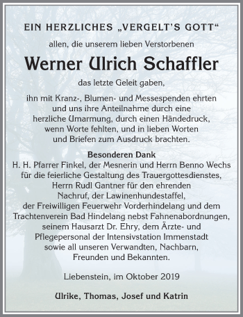 Traueranzeige von Werner Ulrich Schaffler von Allgäuer Anzeigeblatt