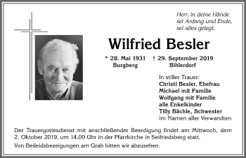 Traueranzeige von Wilfried Besler von Allgäuer Anzeigeblatt