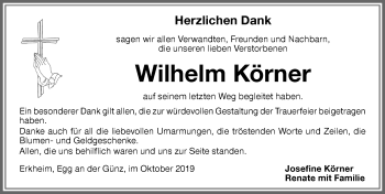 Traueranzeige von Wilhelm Körner von Memminger Zeitung