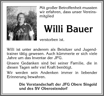 Traueranzeige von Willi Bauer von Allgäuer Zeitung, Kaufbeuren/Buchloe