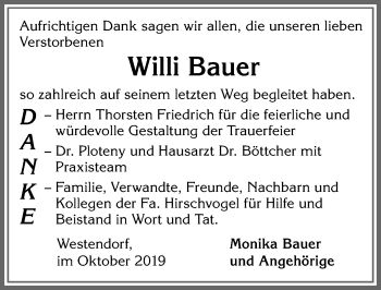 Traueranzeige von Willi Bauer von Allgäuer Zeitung