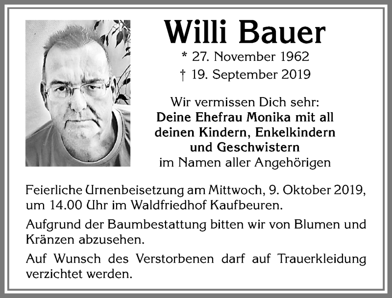  Traueranzeige für Willi Bauer vom 05.10.2019 aus Allgäuer Zeitung