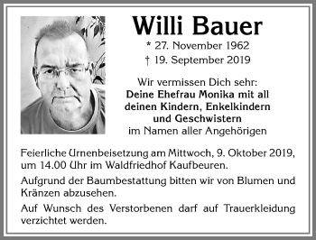 Traueranzeige von Willi Bauer von Allgäuer Zeitung
