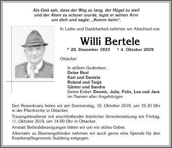 Traueranzeige von Willi Bertele von Allgäuer Zeitung,Kempten