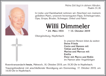 Traueranzeige von Willi Dimmeler von Allgäuer Zeitung, Marktoberdorf