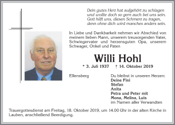 Traueranzeige von Willi Hohl von Allgäuer Zeitung,Kempten
