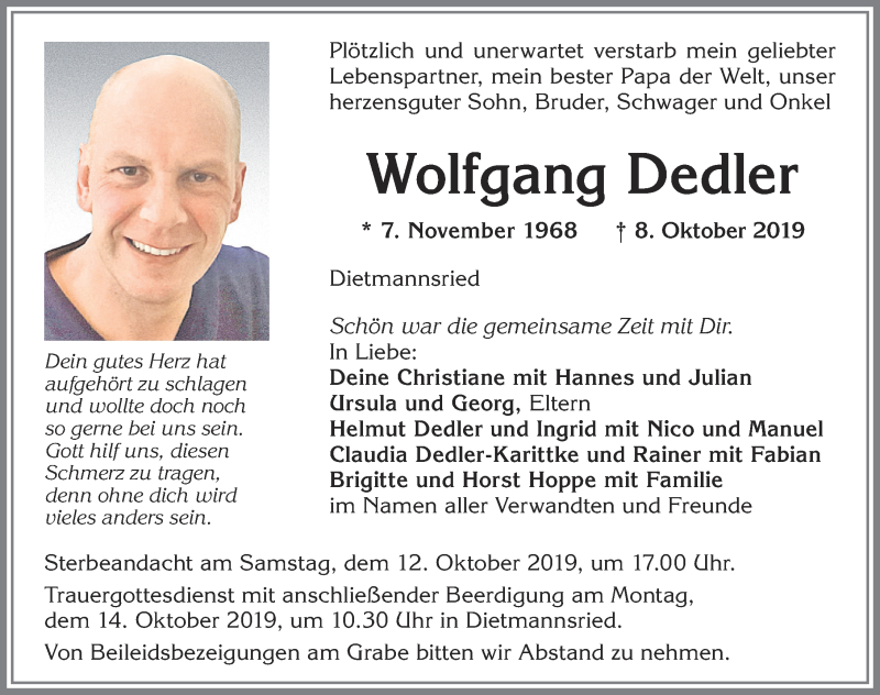 Traueranzeige für Wolfgang Dedler vom 11.10.2019 aus Allgäuer Zeitung,Kempten