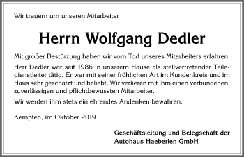 Traueranzeige von Wolfgang Dedler von Allgäuer Zeitung,Kempten