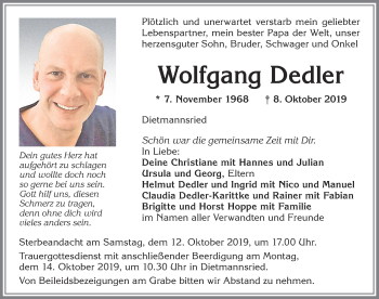 Traueranzeige von Wolfgang Dedler von Allgäuer Zeitung,Kempten