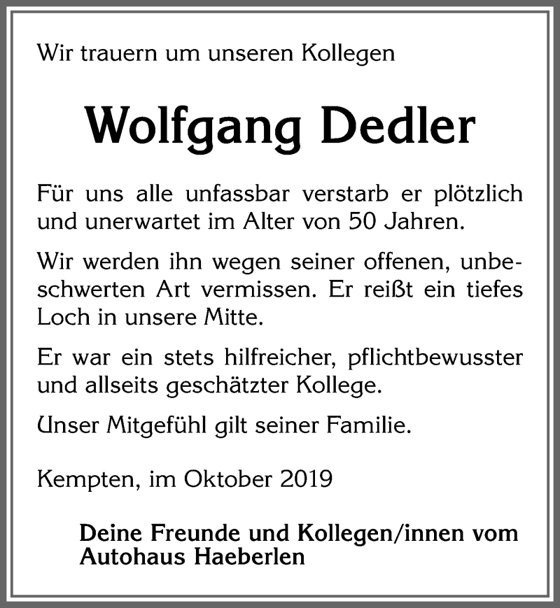  Traueranzeige für Wolfgang Dedler vom 15.10.2019 aus Allgäuer Zeitung,Kempten