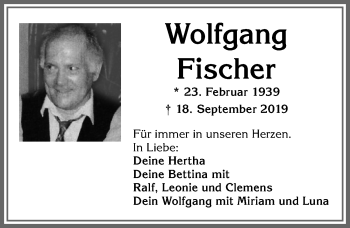 Traueranzeige von Wolfgang Fischer von Allgäuer Zeitung,Kempten