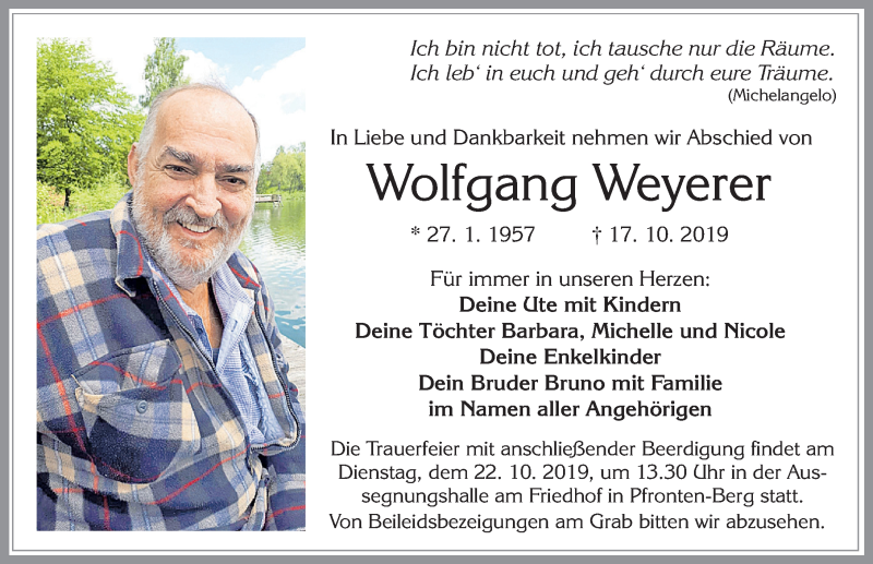  Traueranzeige für Wolfgang Weyerer vom 19.10.2019 aus Allgäuer Zeitung, Füssen