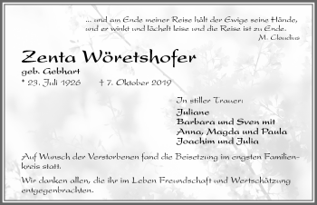 Traueranzeige von Zenta Wöretshofer von Allgäuer Zeitung, Marktoberdorf