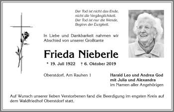 Traueranzeige von Frieda Nieberle von Allgäuer Anzeigeblatt