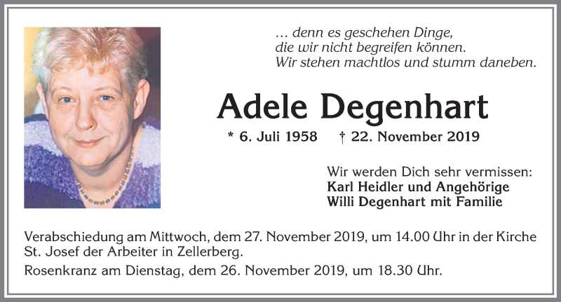  Traueranzeige für Adele Degenhart vom 25.11.2019 aus Allgäuer Zeitung, Kaufbeuren/Buchloe