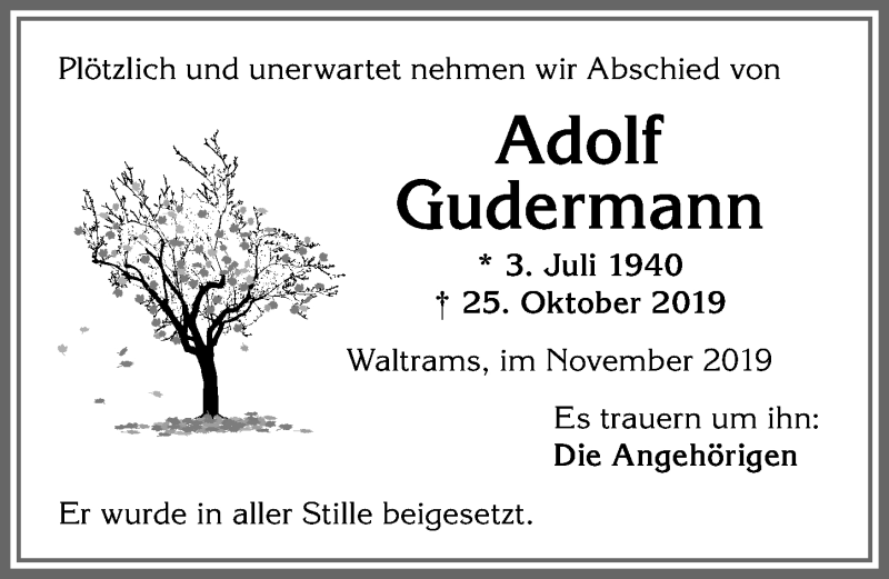  Traueranzeige für Adolf Gudermann vom 16.11.2019 aus Allgäuer Zeitung,Kempten