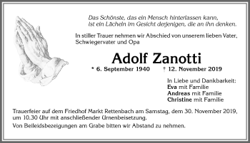 Traueranzeige von Adolf Zanotti von Allgäuer Zeitung, Kaufbeuren/Buchloe