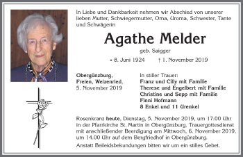 Traueranzeige von Agathe Melder von Allgäuer Zeitung, Marktoberdorf