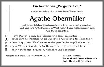 Traueranzeige von Agathe Obermüller von Allgäuer Zeitung, Kaufbeuren/Buchloe