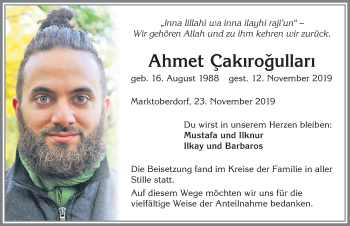 Traueranzeige von Ahmet Çakirogullari von Allgäuer Zeitung, Marktoberdorf
