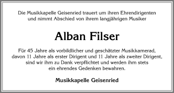Traueranzeige von Alban Filser von Allgäuer Zeitung, Marktoberdorf