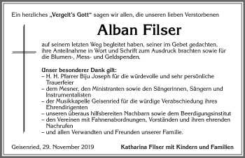 Traueranzeige von Alban Filser von Allgäuer Zeitung, Marktoberdorf