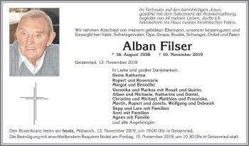 Traueranzeige von Alban Filser von Allgäuer Zeitung, Marktoberdorf